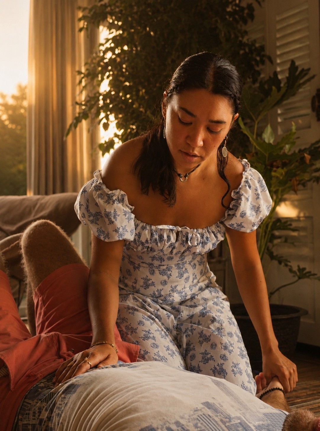 Breathwork master in soft evening light