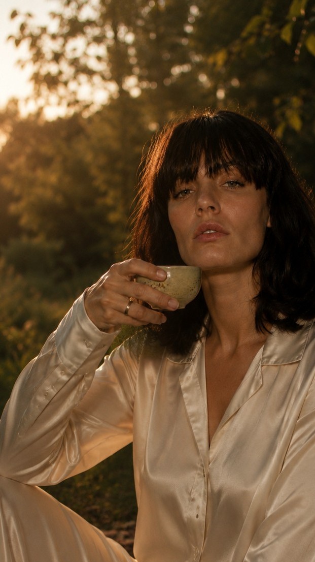 Content creator in silk shirt holding a ceramic cup at golden hour