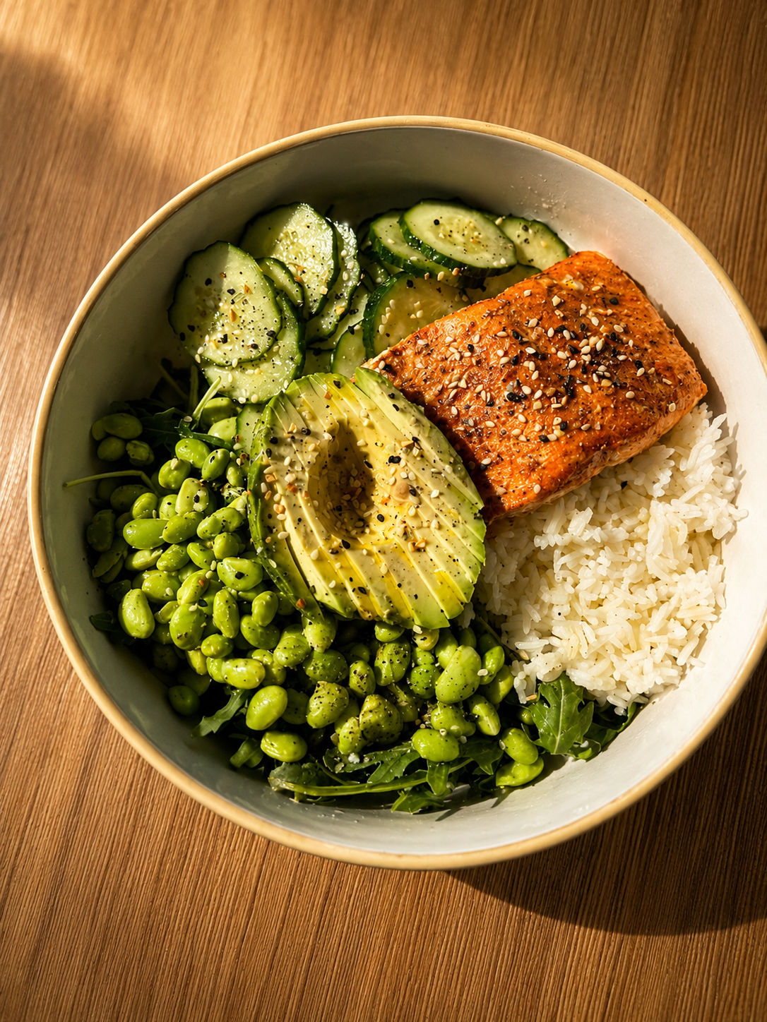 Overhead view of a plated wholesome meal with greens and edible flowers on linen