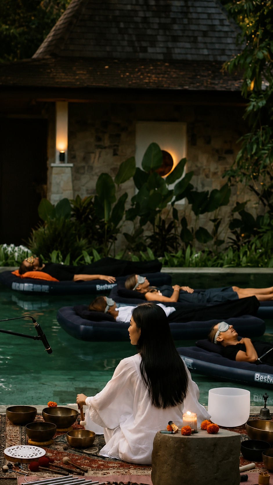 People floating on mats in a pool while a practitioner plays singing bowls at dusk