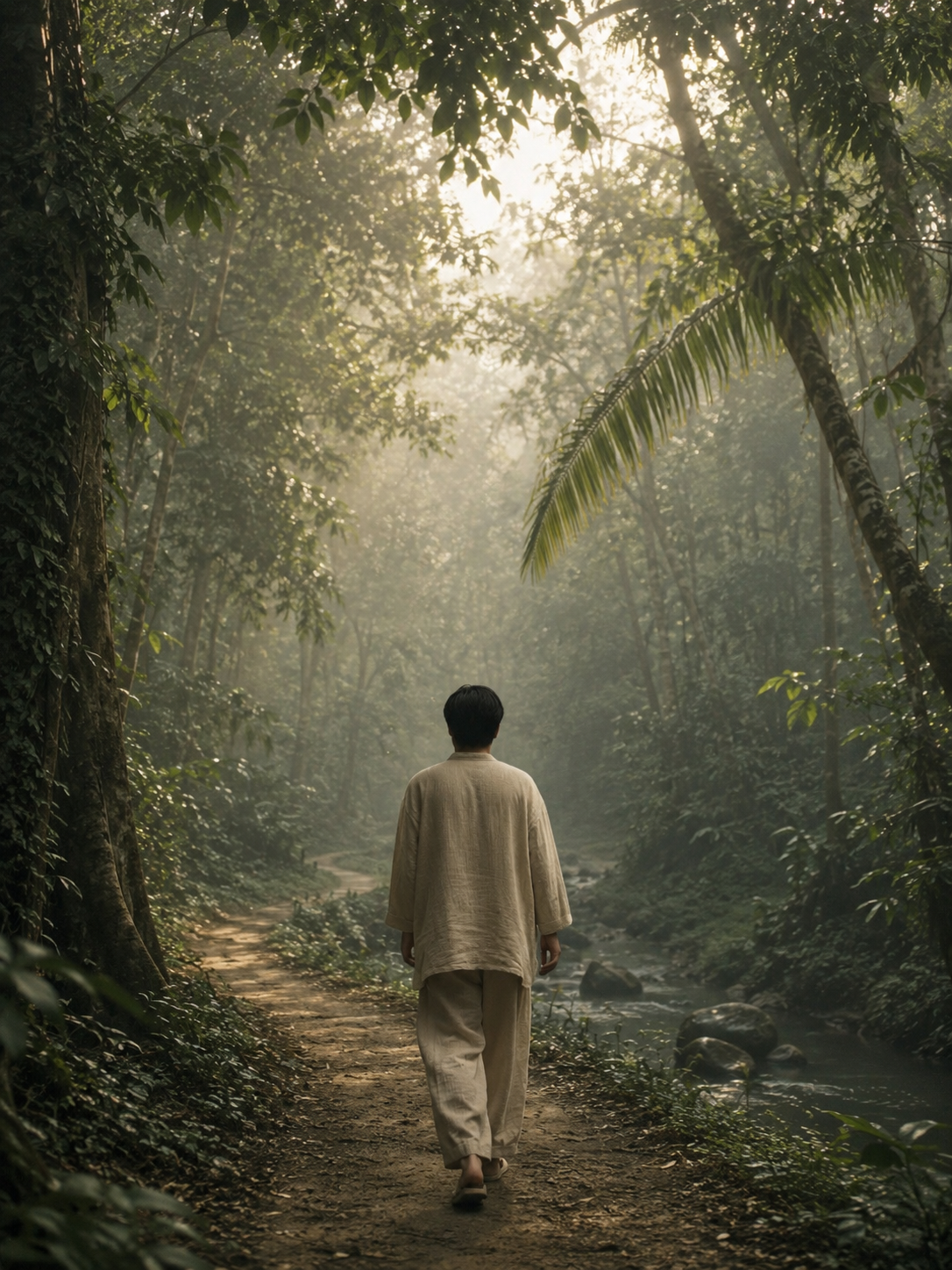 Person walking a path through a misty tropical forest beside a river