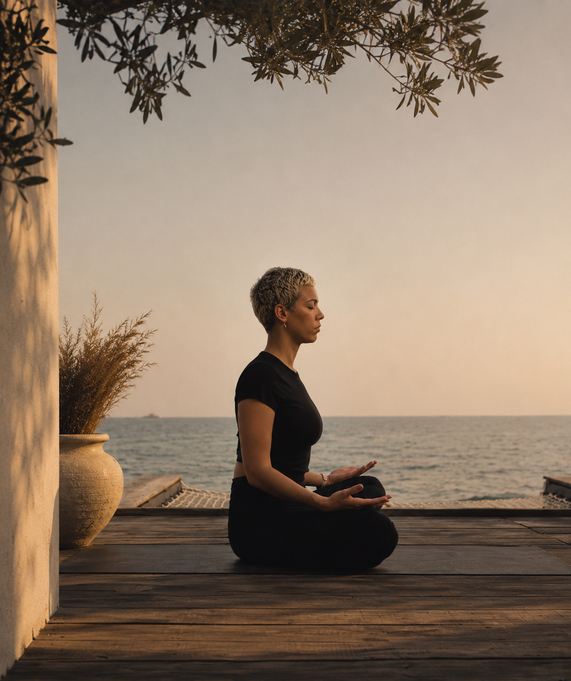Yoga master meditating by the sea at sunset