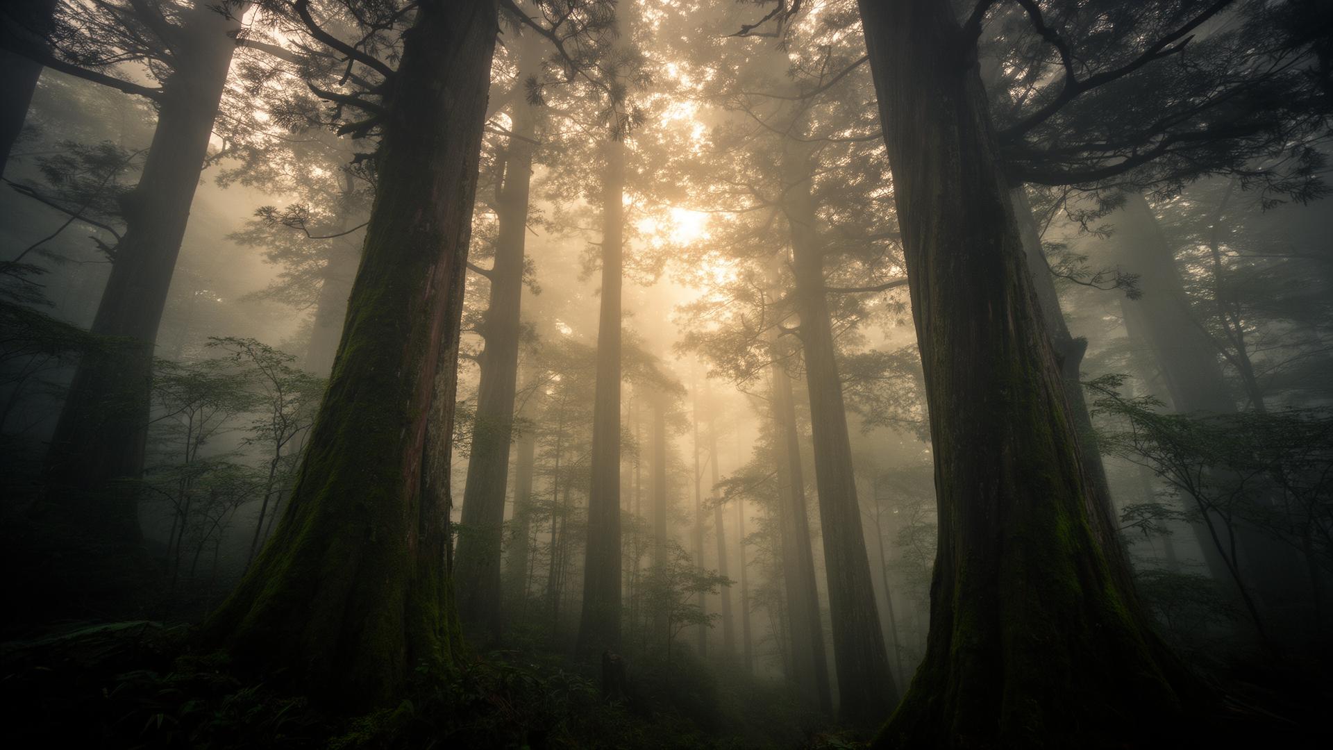 Misty forest at dawn