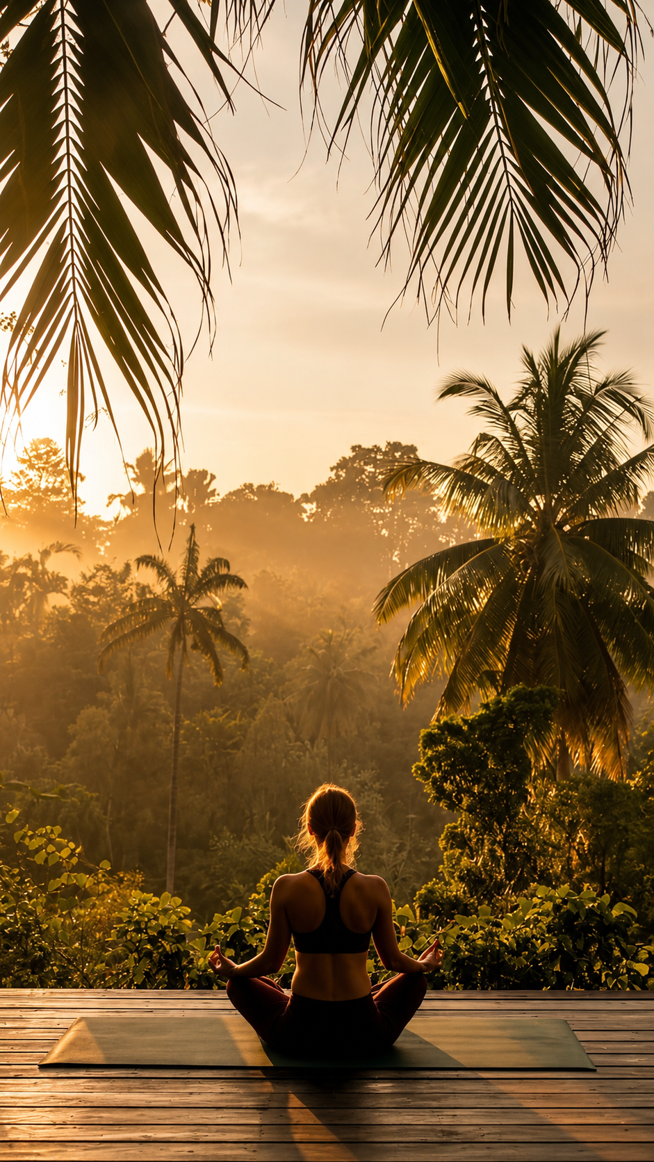 Woman meditating cross-legged on a wooden platform in a misty forest