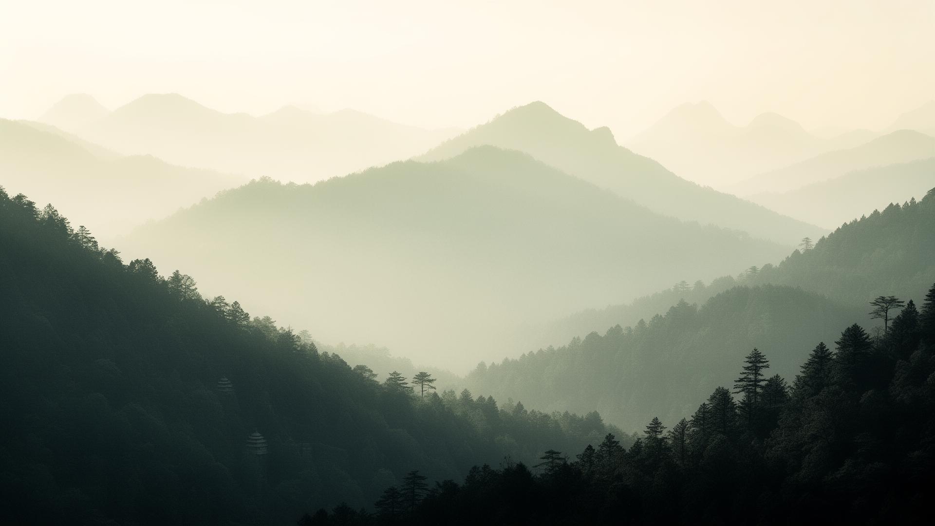Misty mountain ridges fading into morning light
