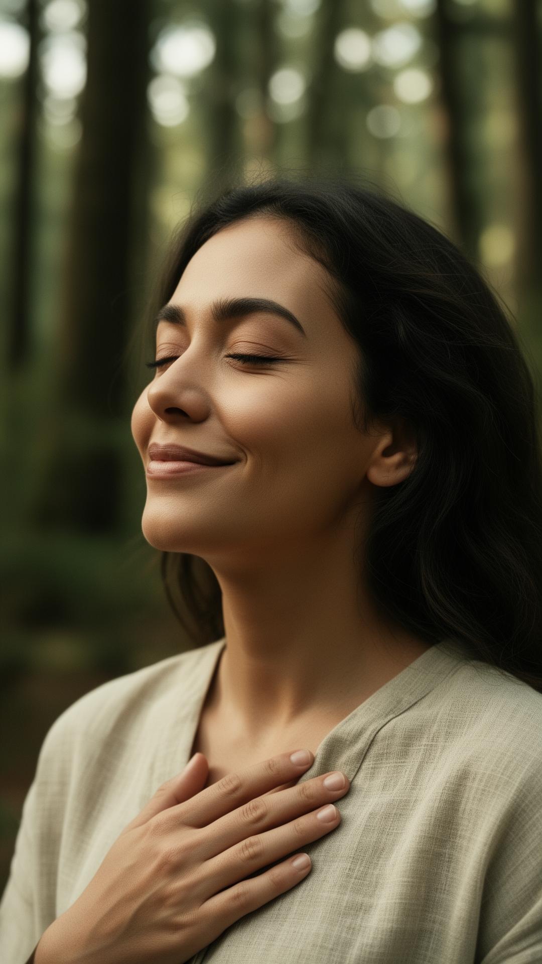 A woman exhaling, hand on her chest