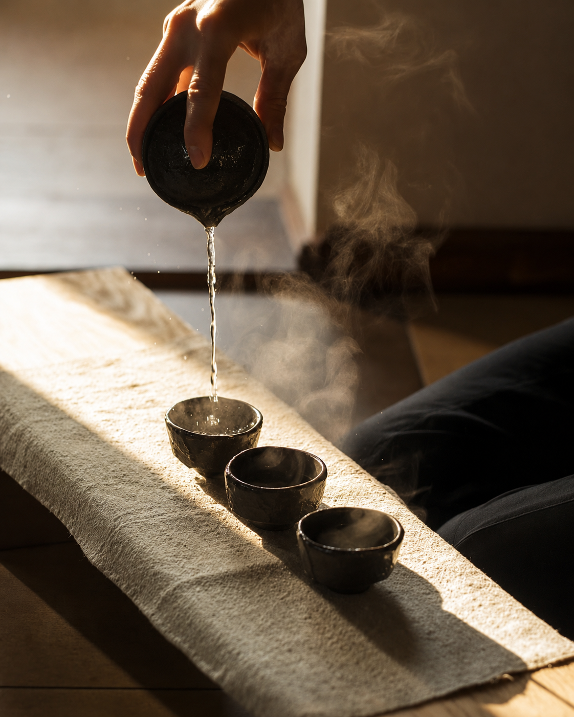 Hand pouring steaming tea into small ceramic cups on a linen runner in warm light