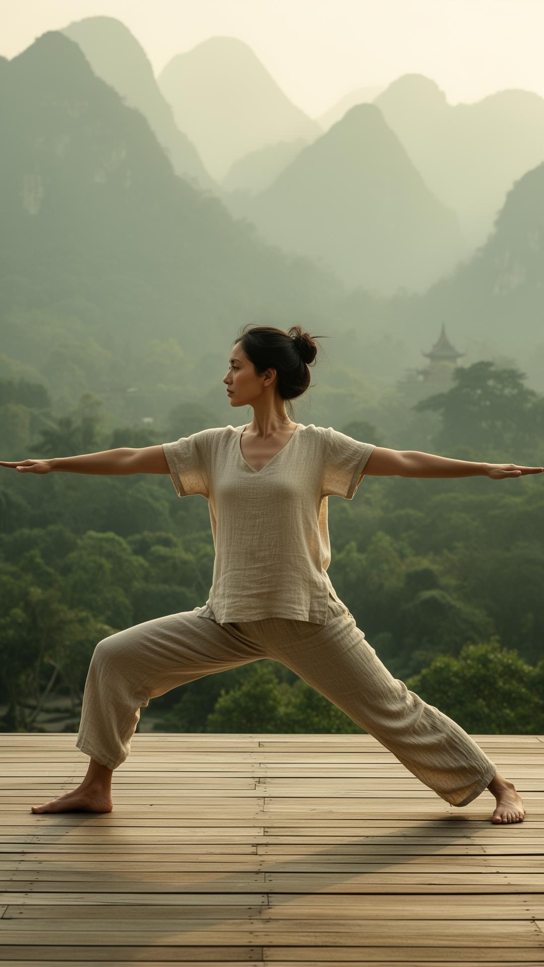 Woman in linen practicing yoga warrior pose facing misty mountains